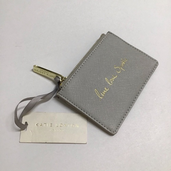 NEW Katie Loxton Gray Card Wallet Cash Zip Pouch Live Love Sparkle Gold Letters - Picture 7 of 7